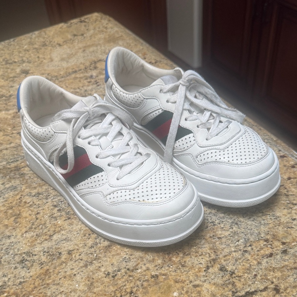Gucci White Sneakers with Red and Black Accents